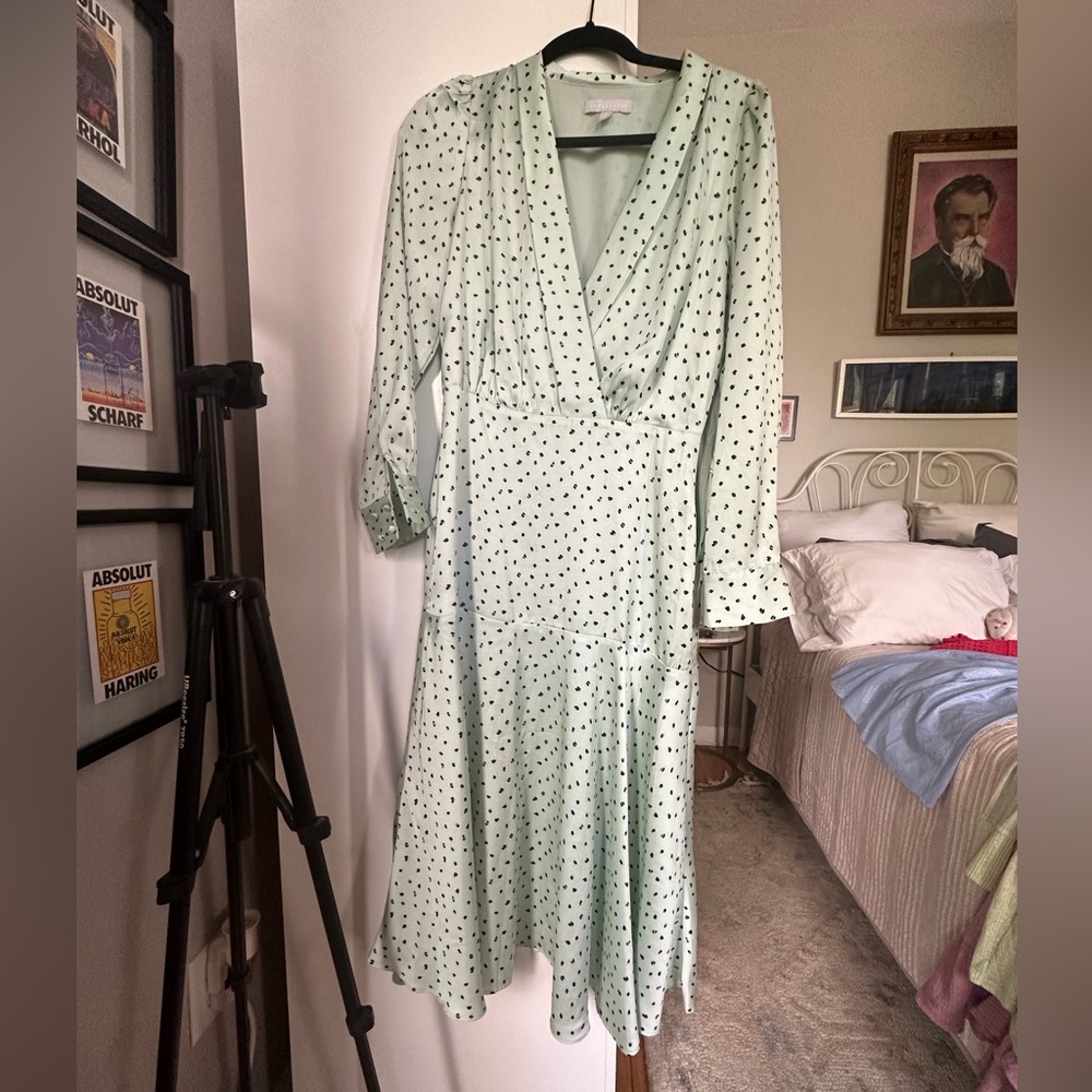 Silky mint green polka dot wrap midi dress chelsea 28 xs